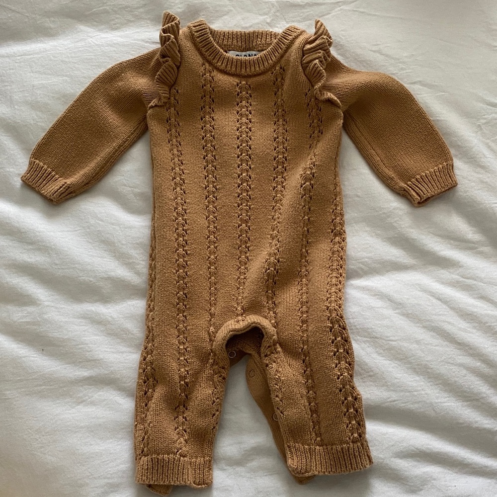 Old Navy Knit Ruffle Shoulder One-Piece in Camel Brown